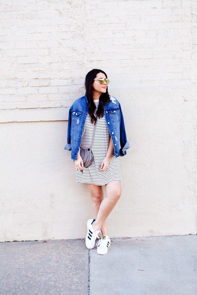 black and white dress with jean jacket