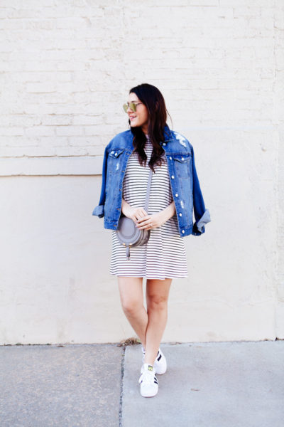 black and white striped dress with denim jacket