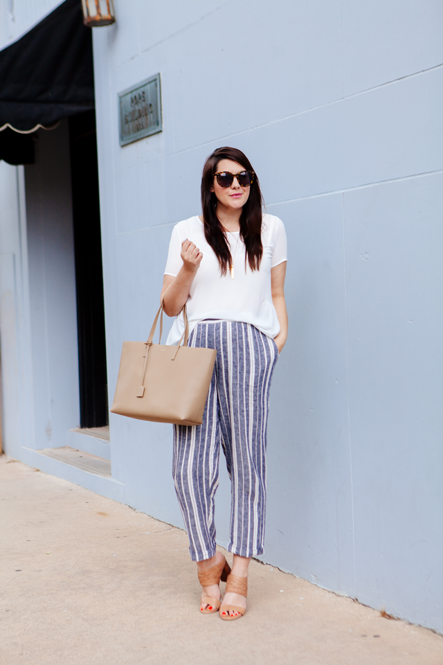 blue white striped pants outfit