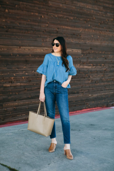 chambray ruffle sleeve top