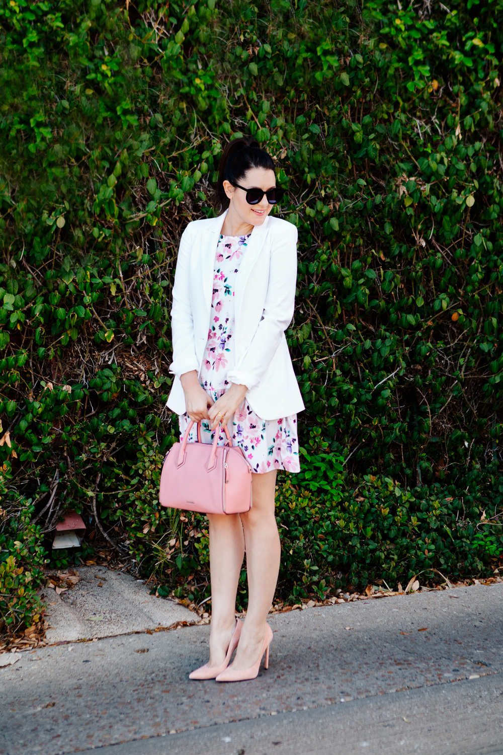 Floral dress and white blazer on Kendi Everyday