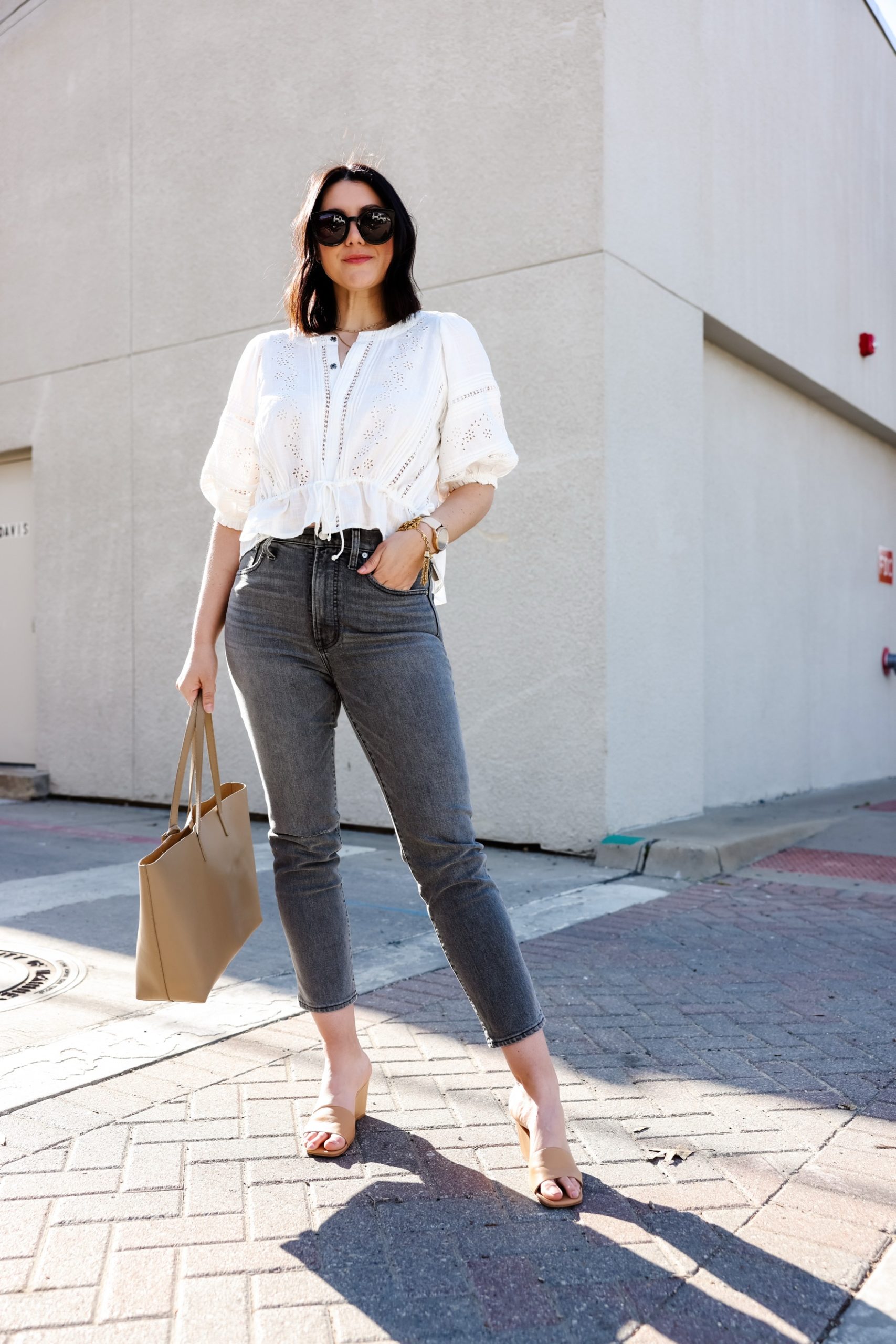 Kendi Everyday wearing Free People eyelet blouse Madewell grey denim 17 ...