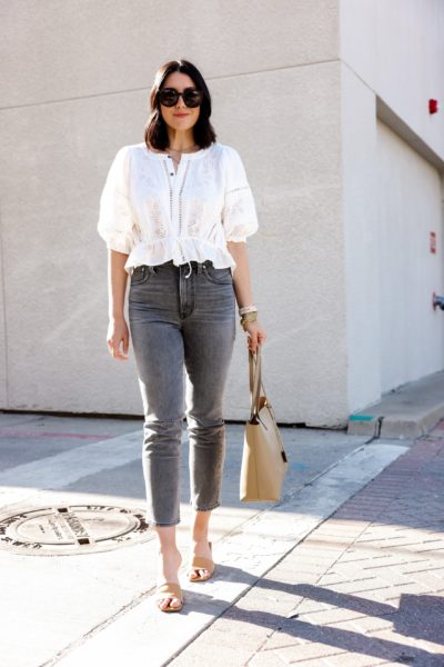 Kendi Everyday wearing Free People eyelet blouse Madewell grey denim 5 ...