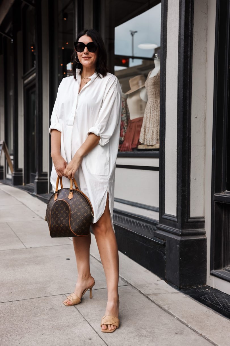 Kendi Everyday wearing  White Button Down Dress Louis Vuitton Monogram  Ellipse Satchel 09