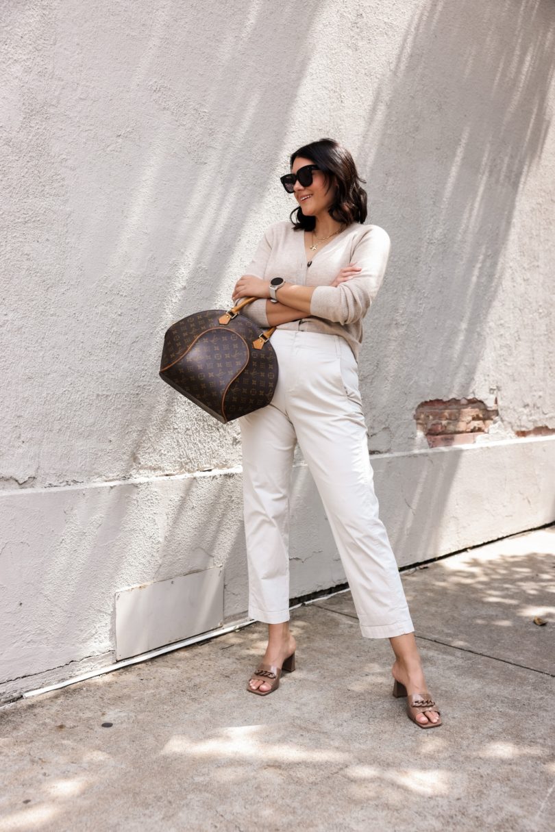 Kendi Everyday wearing  White Button Down Dress Louis Vuitton  Monogram Ellipse Satchel 09